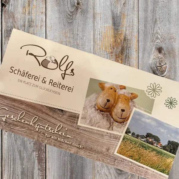Geschenkgutschein von Rolf's Schäferei & Reiterei mit Schaf-Motiven und Landschaftsbild