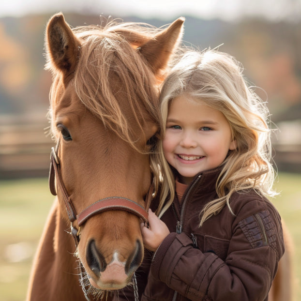 Kind neben dem Kopf eines Ponys