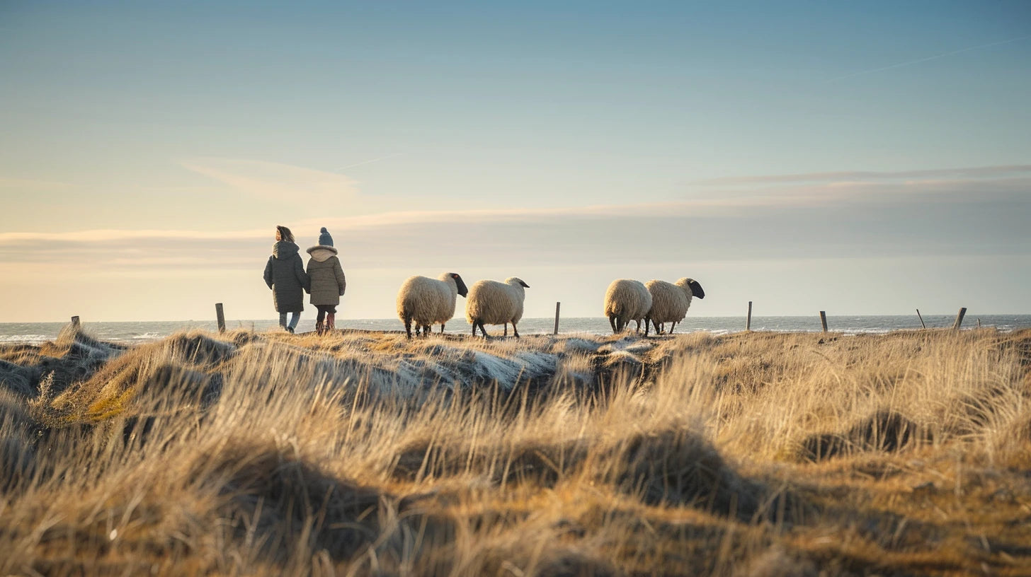 Zwei Kinder und vier Schafe auf einem Deich mit Meer im Hintergrund