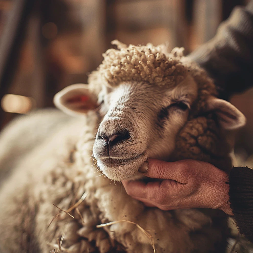 Schaf wird am Kinn gestreichelt und wirkt entspannt