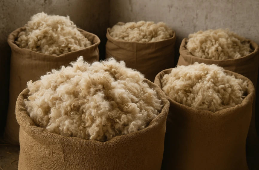 Fünf offene Säcke gefüllt mit Schafswolle